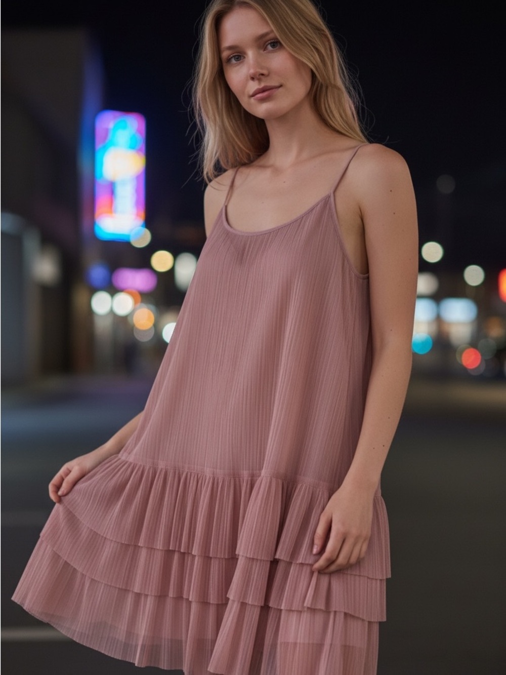NWT: Romantic slip dress from BCBG w/sheer tulle overlay and 4-tier ruffle hem